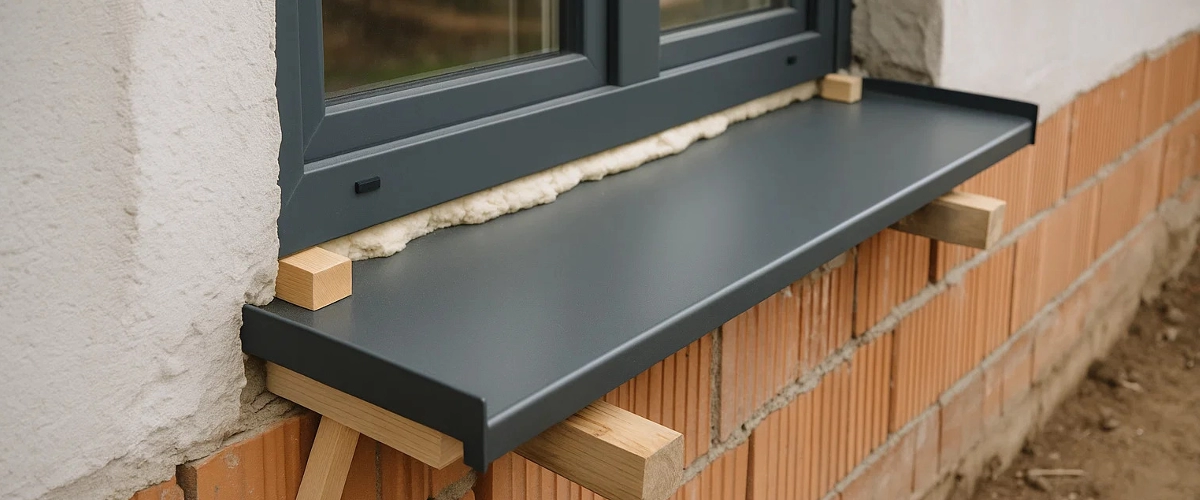 Detailaufnahme einer montierten Aluminium-Fensterbank an einer Hausfassade während Bau- oder Fassadenarbeiten.