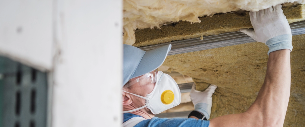 Ein Handwerker mit Schutzmaske bringt Dämmmaterial an der Decke eines Gebäudes an, um die Wärmedämmung und Energieeffizienz zu verbessern.