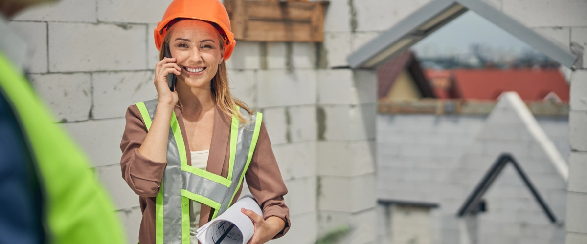 Eine Bauleiterin mit Sicherheitshelm und Bauplan koordiniert telefonisch Arbeiten auf einer Baustelle während eines Bau- oder Sanierungsprojekts.