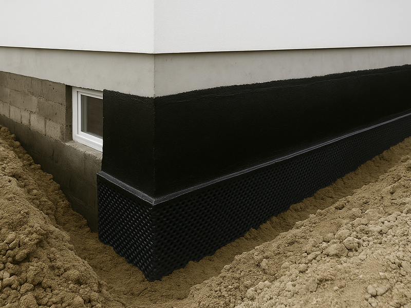 Detailaufnahme einer Bauwerksabdichtung am Kellerfundament mit Schutz- und Noppenbahn zur Abdichtung gegen Feuchtigkeit und Erdreich.