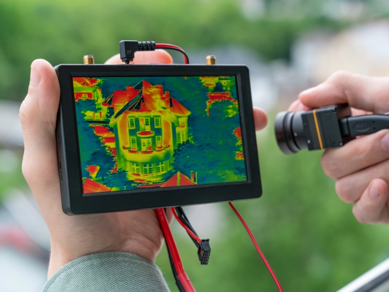 Ein Techniker nutzt eine Wärmebildkamera zur thermografischen Analyse eines Gebäudes, um Wärmeverluste und energetische Schwachstellen an der Fassade sichtbar zu machen.